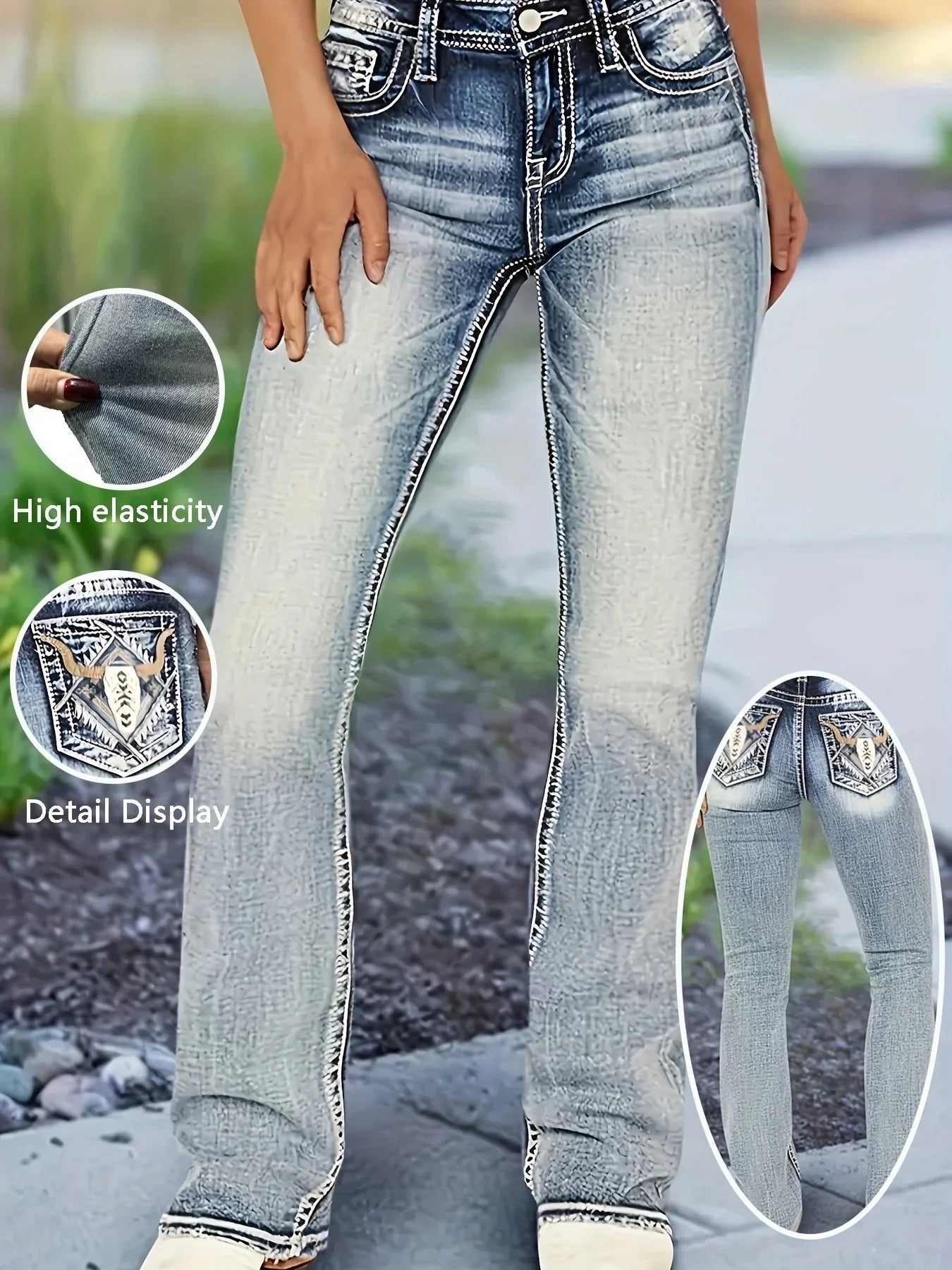 Women's jeans with cow head embroidery, vintage style, versatile and comfortable in all seasons, washed blue flared jeans