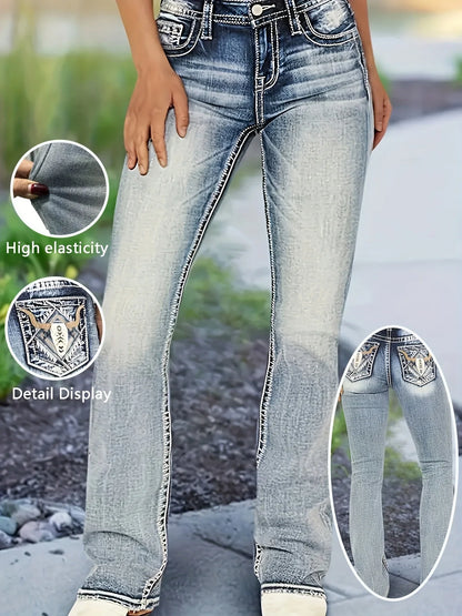 Women's jeans with cow head embroidery, vintage style, versatile and comfortable in all seasons, washed blue flared jeans