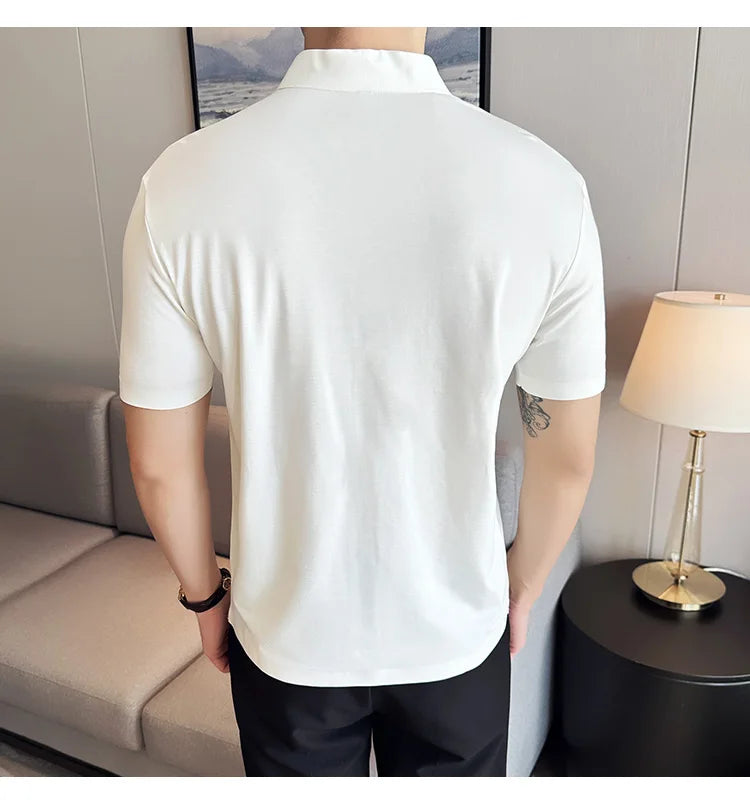 Men's High Elastic V-neck Polo Shirt, Thin Short-sleeve T-shirt, Business Casual Men's Top, 2024 High Quality, M-4XL.