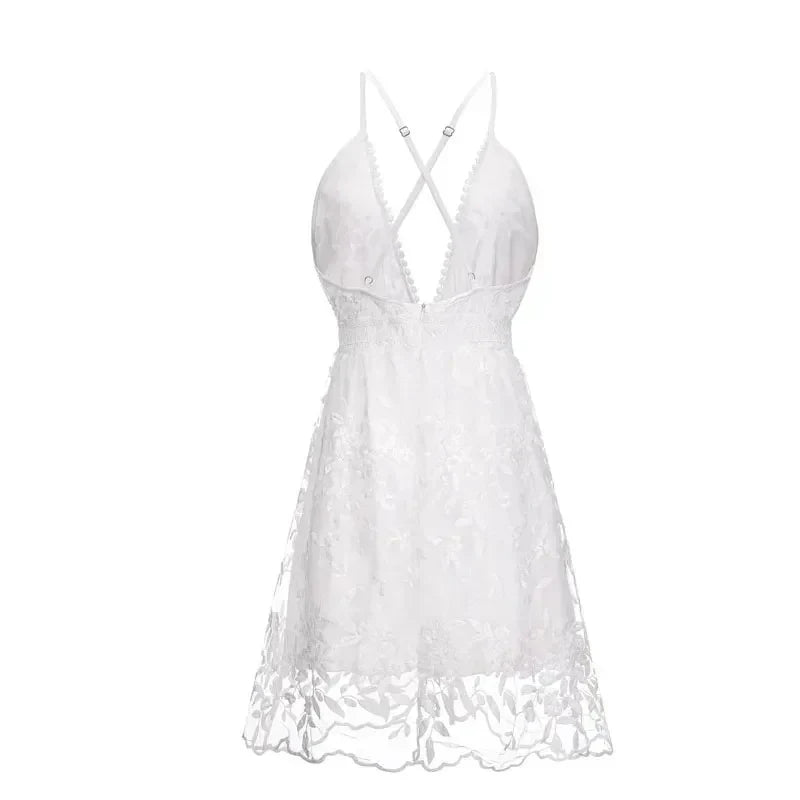 V Neck White Dress for Women Beach Lace Sling 2024 Summer Elegant Embroidery Dress Backless Casual Sleeveless Sexy Dress 21800