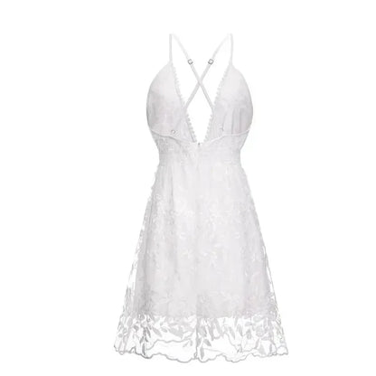 V Neck White Dress for Women Beach Lace Sling 2024 Summer Elegant Embroidery Dress Backless Casual Sleeveless Sexy Dress 21800