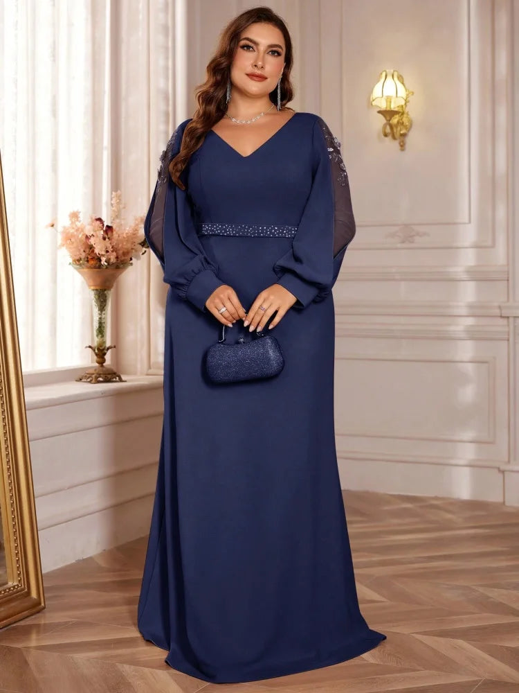 Plus Size Elegant Sequin Blue Evening Dress 2025 Women Formal Maxi Prom Long Sleeves Party Dress Luxury Cocktail Bridesmaid Gown