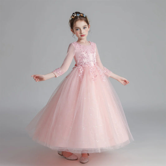 CW683 Vestido de Princesa para Meninas Fio Pengpeng Primavera/Verão Novo Manga Longa Performance Infantil Elegante