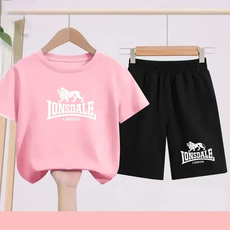 Lion Alphabet Print Kids Summer T-shirt Boys Girls Toddlers 3-12 Years Top+ Shorts 2P Outdoor Sports Clothes Fashion Leisure Set
