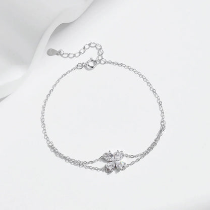 925 Sterling Silver Double Layer Flowers Hearts CZ Romantic Bracelet Luxury Adjustable Chain Link for Women Jewelry