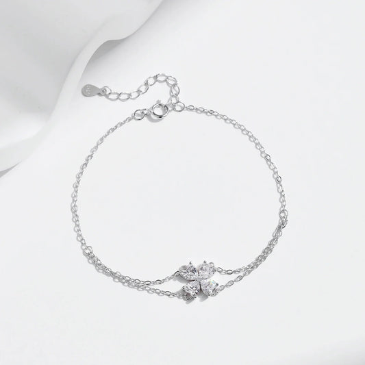 925 Sterling Silver Double Layer Flowers Hearts CZ Romantic Bracelet Luxury Adjustable Chain Link for Women Jewelry