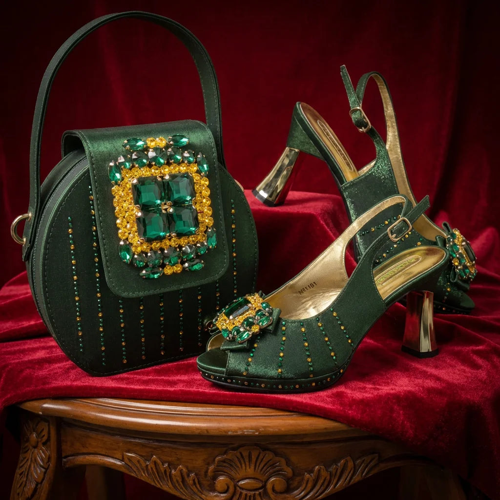 Brown Rhinestone Peep-Toe High Heel Sandals and Bag Set for Women –Elegant Italian Party Shoes Perfect for Wedding