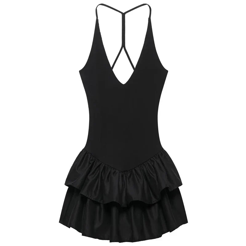 Womens Dresses Ruffled Halter Dress Summer Black Pink White Dress Mini Layered Backless Short Dresses Elegant Vestidos 066