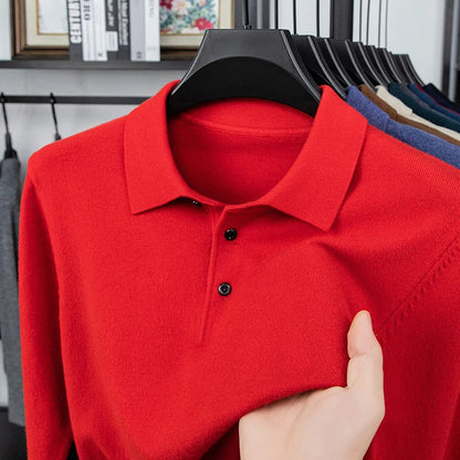Original Quality Men's Polo Shirt Exquisite Simple Long Sleeve Knitted Lapel Sweater Autumn Winter Business Casual Menswear Top