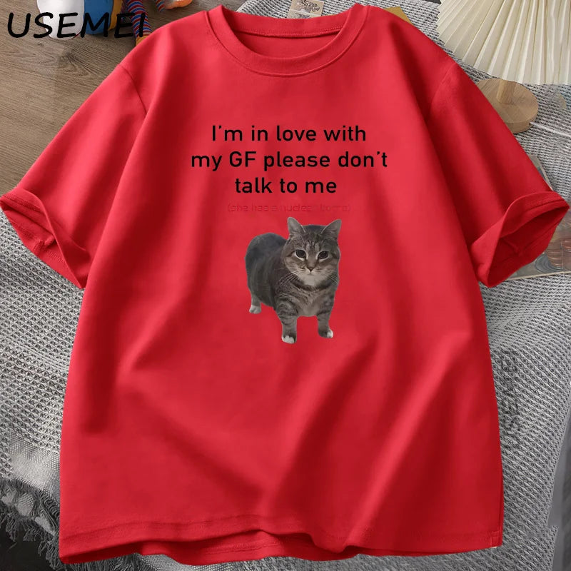 Asian size Funny Cat T-shirts Boyfriends Cotton O-Neck Oversized Tee Men's Short Sleeve T-shirt Couple Tees