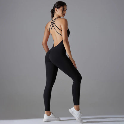 Sexy Backless Bodycon Scrunch Jumpsuit Raises Butt Women Dance Fitness Overalls Push Up Sleeveless Yoga Sport Jump Suit