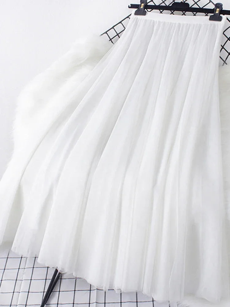 New large hem chiffon long skirt for women's Korean casual simple solid color three-layer A-line high waisted long skirt