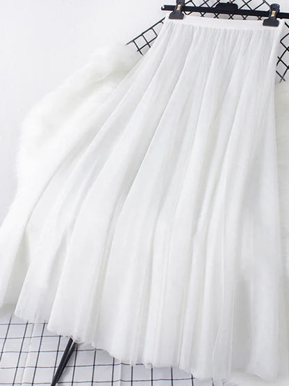 New large hem chiffon long skirt for women's Korean casual simple solid color three-layer A-line high waisted long skirt