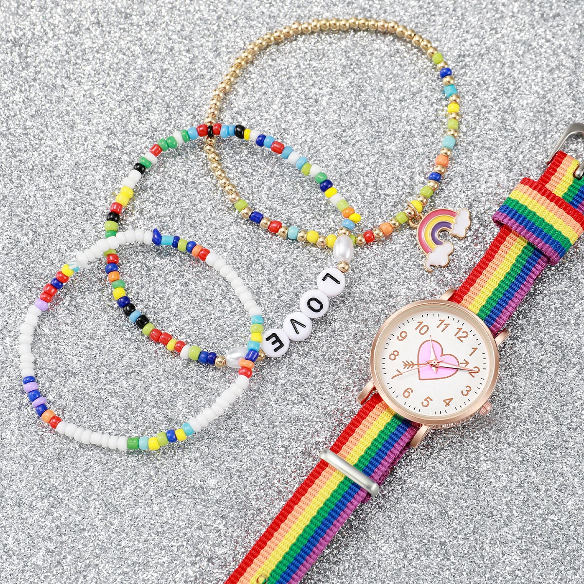 4PCS/Set Fashion Heart Dial Women's Watch Nylon Band Quartz Watch Rainbow Beads Bracelets Set