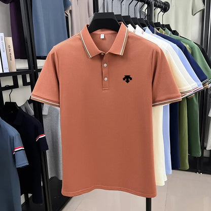 Men's Summer Solid Color Cool Breathable Luxury Polo Shirt Business Casual Collar T-shirt Short Sleeve Top