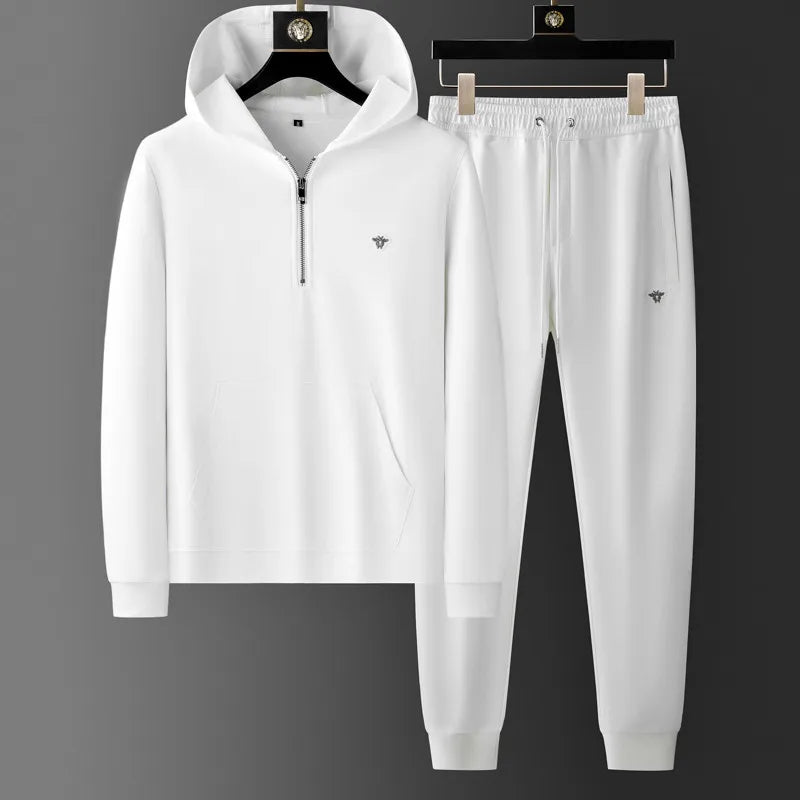 Spring Autumn Men's Sets Luxury Bee Printed Zipper Sweatshirt Solid Color Leisure Sports Elastic Wasit Pants Man Suits