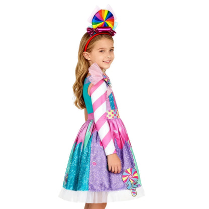 2026 Kids Purim Disguise Rainbow Candy Dress With Headband Lollipop Cosplay Costume Children Dress Birthday Carnival Party Gift