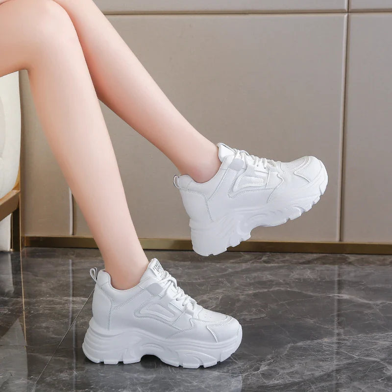White Platform Women's Sneakers 2024 Spring Lace-Up Thick Bottom Vulcanize Shoes Woman Pu Leather Breathable Sports Shoes Ladies