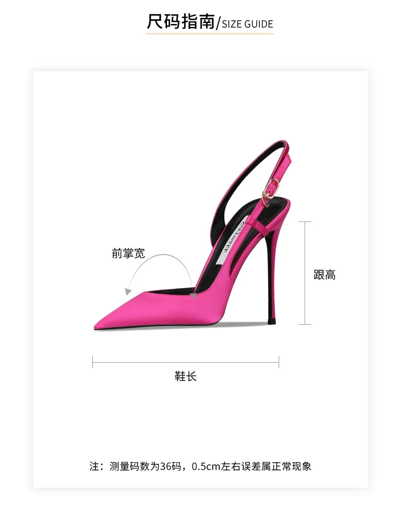Sandálias femininas de cetim vermelho-rosado com tira traseira, fivela tripla, salto fino e estilo europeu e americano sexy, sapato único