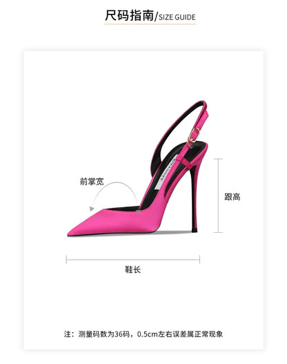 Sandálias femininas de cetim vermelho-rosado com tira traseira, fivela tripla, salto fino e estilo europeu e americano sexy, sapato único