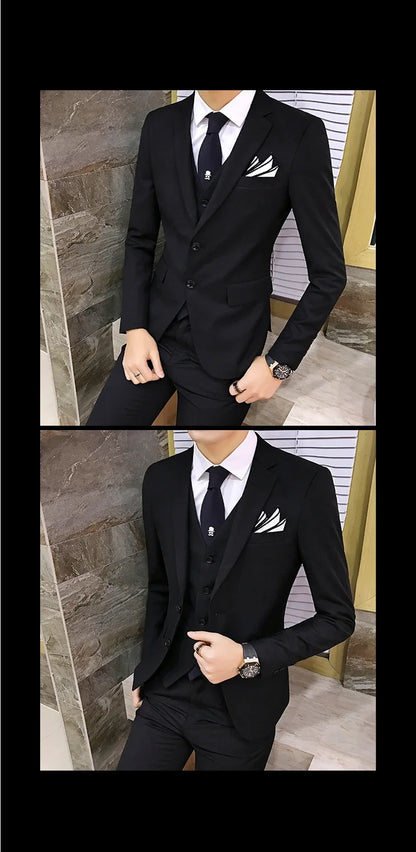 Suit (Blazer+vest+pants) Men's Fashion Business Korean Version of Solid Color Slim-fit Wedding Professional Gentleman Dress 6XL