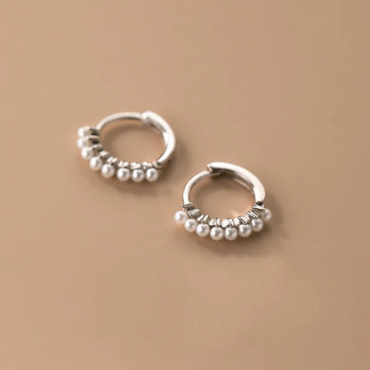 925 Sterling Silver Vintage Simple Pearl Huggies Ear Buckles for Women Charms Party Piercing Hoop Earrings Jewelry Gift