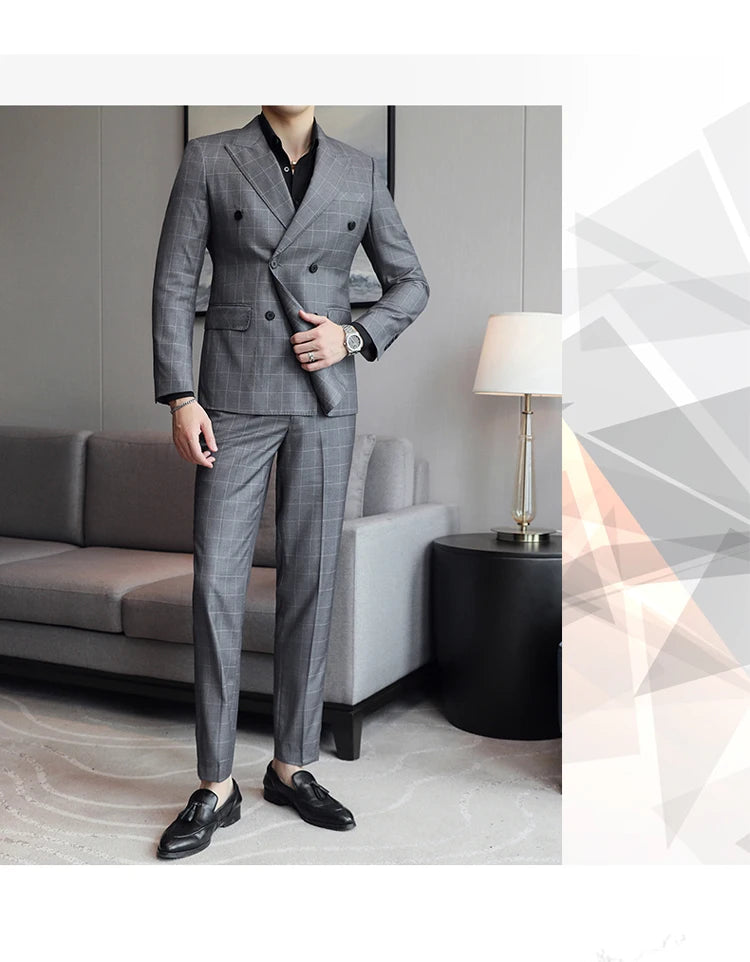 S-5XL ( Blazer + Pants ) Men's High-end Brand Formal Double Breasted Suit Gray 2 Piece Set Wedding Dress Plaid Suit Groom Party