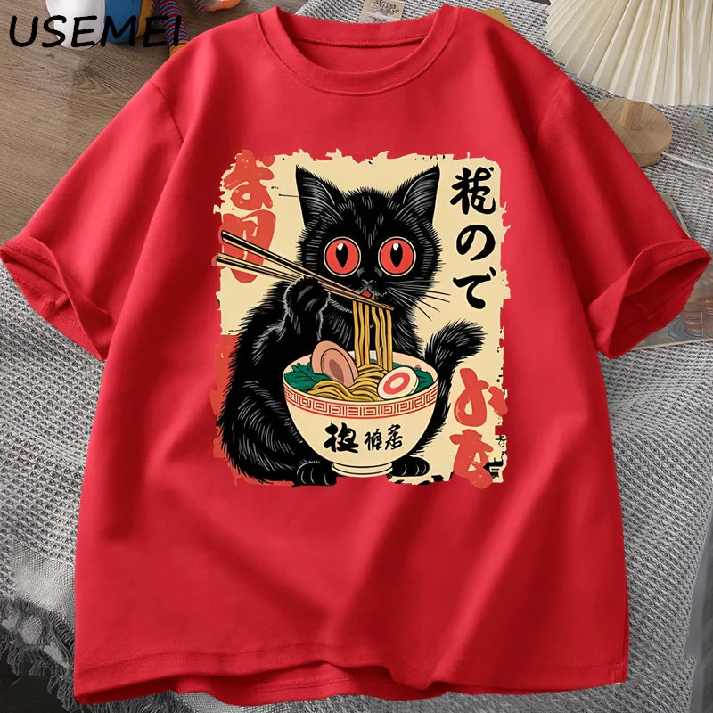 Vintage Japanese Black Cat Ramen T Shirts Cute Graphic Tee Funny Cat Eating Ramen T-Shirt Printing Cotton Short Sleeve Vintage