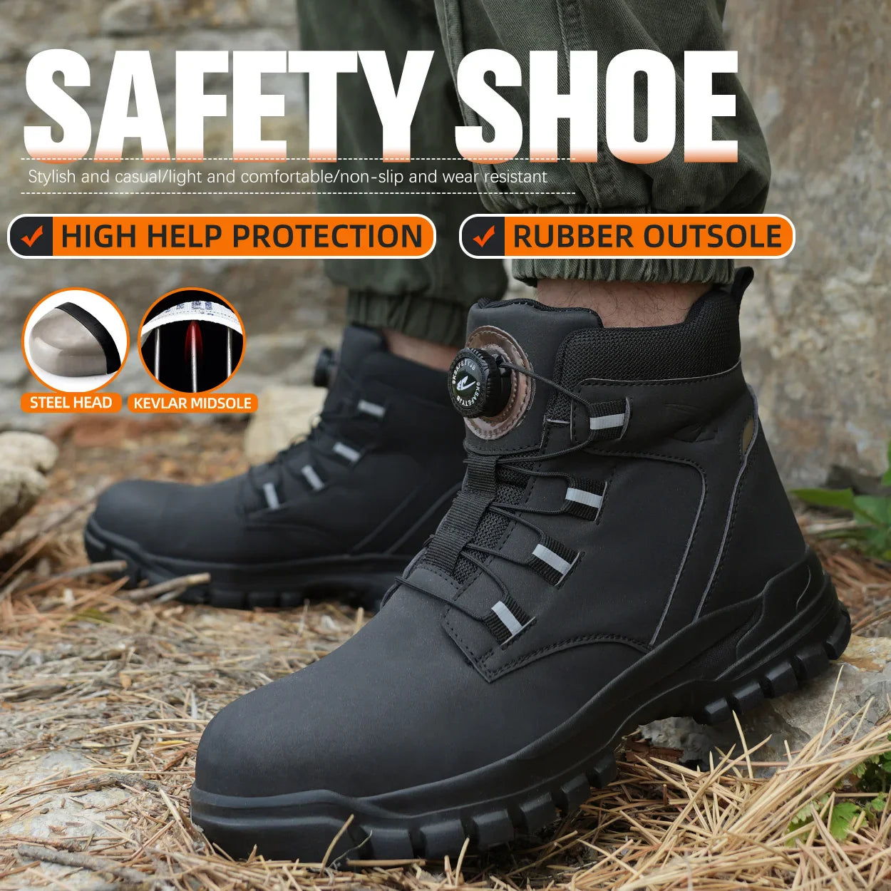 High Top Work Shoes Men Rotary Button Slip Resistant Safety Shoes Water Resistant Work Sneakers Anti-Puncture Anti-smash Shoes