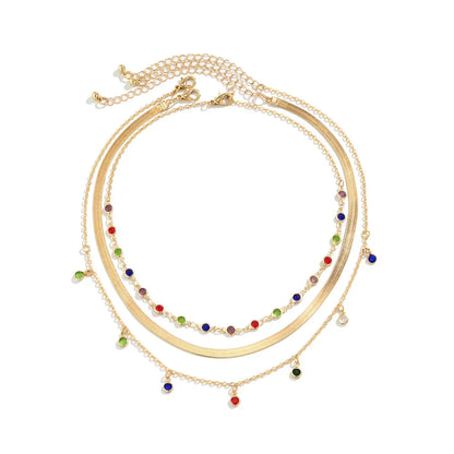 Trendy MultiLayered Color Crystal Chain Choker Necklace for Women Boho Flat Snake Chain Clavicle Short Necklace