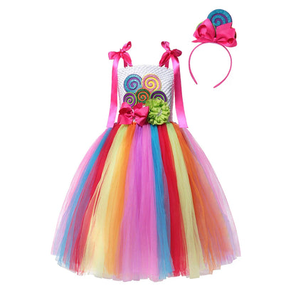 Rainbow Lollipop Girls Dress Sweet Purim Festival Celebrate Costume Fancy Carnival Children Vestidos Princess Cosplay Outfits