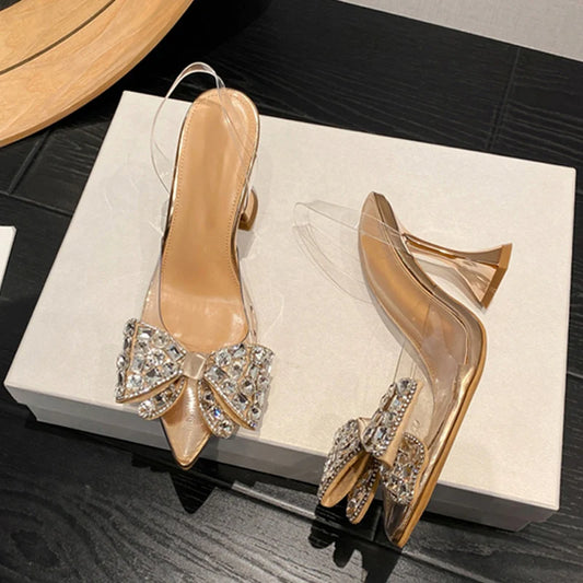 PVC Transparent Women Pumps Sexy Crystal Bowknot Pointed Toe  Slingback High Heels Mules Sandal Female Wedding Prom Shoes