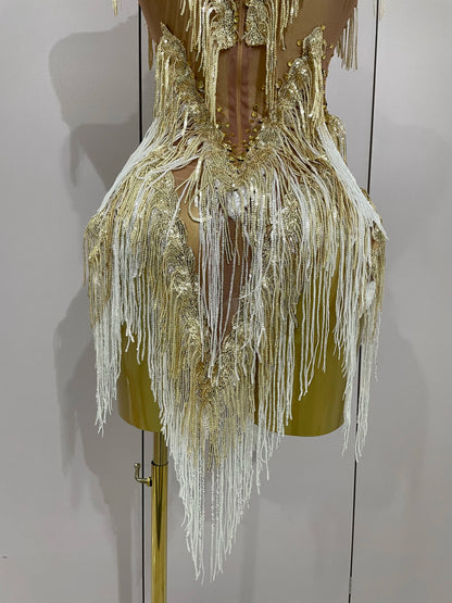 Women Sexy Stretch Mesh Sparkly Rhinestone Tassels Mini Dress Nightclub Singer Dance Stage Costume Evening Gowns