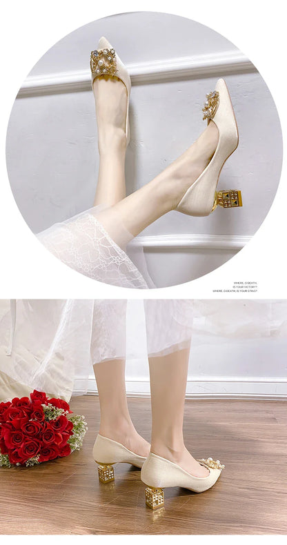 Autumn New Ladies High Heels Pointed Toe Shaped Heel High 5cm and 7cm Wedding Shoes Square Buckle Travel Banquet Shoe High Heels