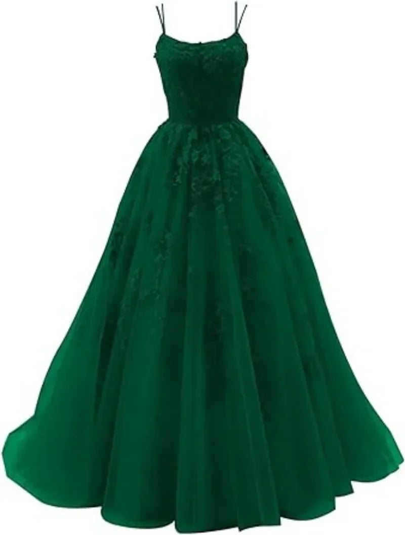 Tulle Spaghetti Straps Prom Dresses Long Lace Appliques Ball Gowns for Women