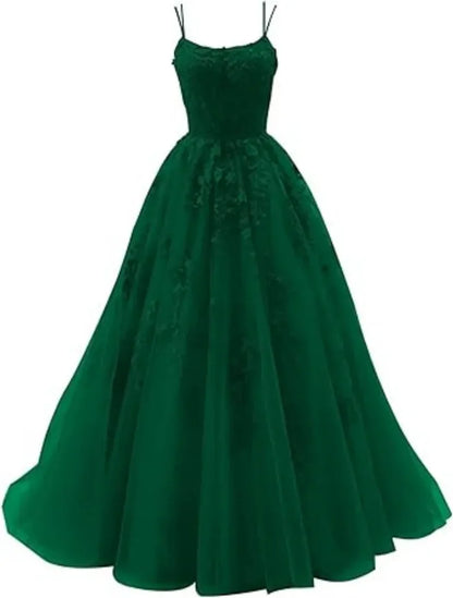 Tulle Spaghetti Straps Prom Dresses Long Lace Appliques Ball Gowns for Women