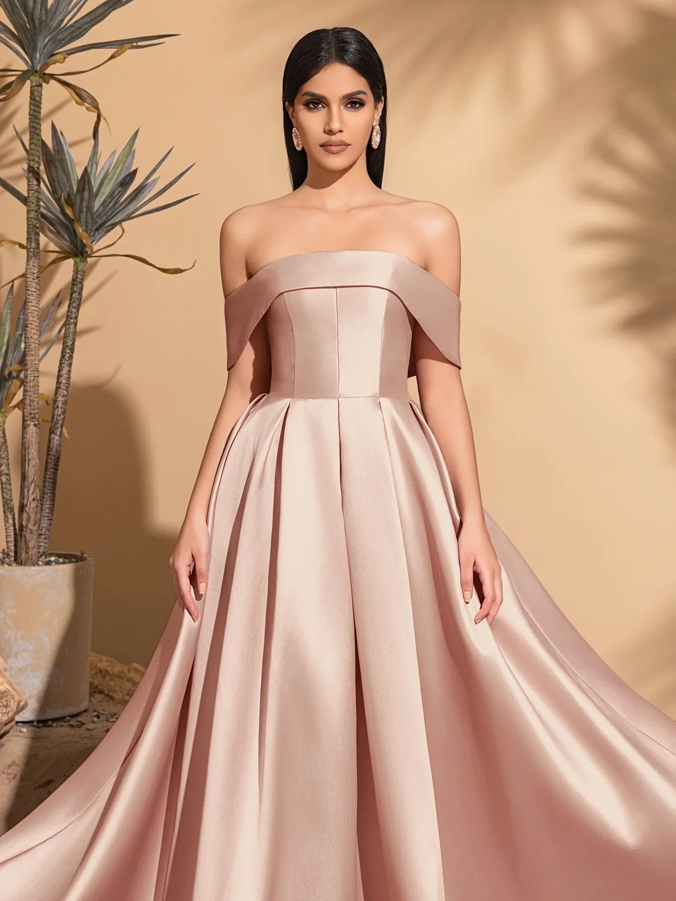 Off-the-shoulder satin dress with back tie, elegant and chic dress