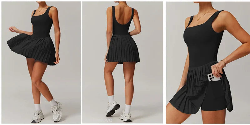 Workout Tennis Dress with Built in Shorts Square Neck Padded Workout Dress with Pockets Golf Athletic Mini Dresses