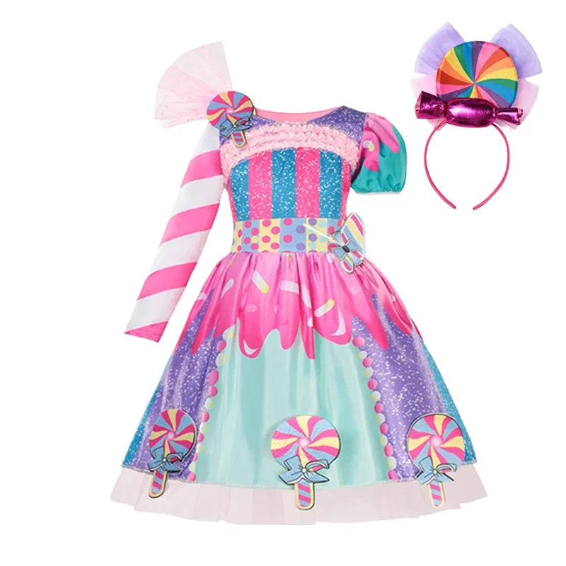 Girls Candy Fairy Lollipop Cosplay Carnival Costume Toddler Purim Rainbow Vestidos Girls Birthday Party Dress