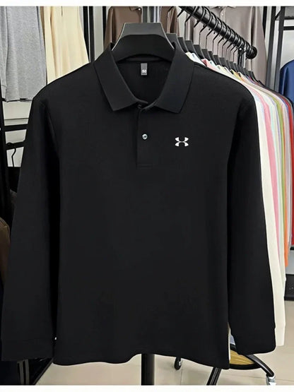 Men's brand polo shirt letter printed long sleeved top spring new 100% cotton casual sports breathable lapel fashionable T-shirt