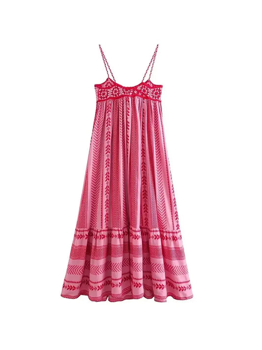 Women Bohemian Midi Dress Vacation Charm Splice Knitted Vintage Strap Dress Women Vestidos Mujer