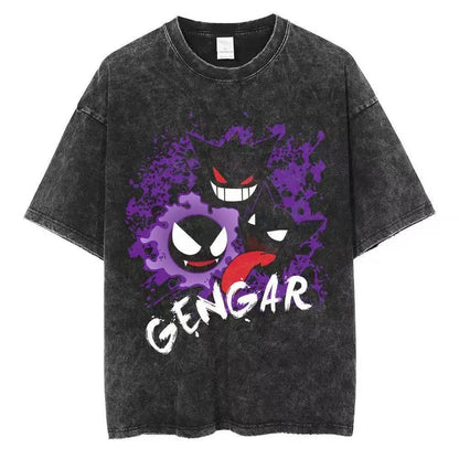 2026 Anime Washed Vintage Summer Gengar Short Sleeve Tee Graphic T-Shirt Man Women Cosplay Casual Tops Y2k Streetwear