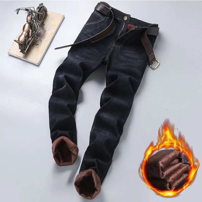 Men New Fashion Winter Warm Jeans Male Fleece Lined Thickened Denim Pants Loose Straight Comfortable Casual Black Blue Trousers