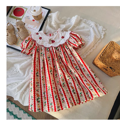 Kid Girl Adorable Short Sleeve Dress Red White Vertical Stripes Bunny Strawberry Print Peter Pan Collar Skirt for Children