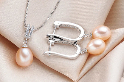 Horseshoe 8-9mm Rice Freshwater Pearl Earrings&Necklaces Jewelry Set for Women 925 Sterling Silver 45cm Pendant Necklace