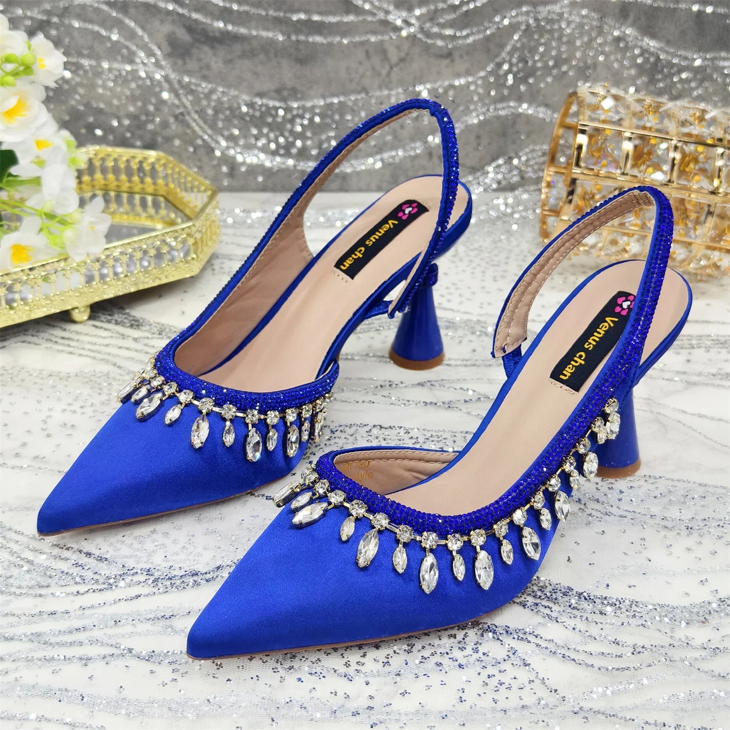 Pointed-Toe High Women Heels Shoes and Bags for Women Rhinestone Evening Party Elegant Luxury Handbag