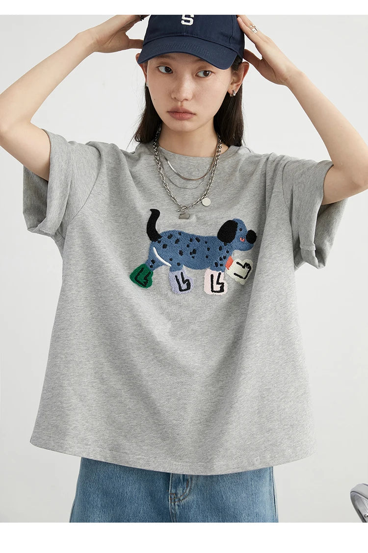 CHIC VEN Camisetas Femininas Soltas Streetwear Unissex Divertido Cão Bordado Manga Curta Algodão Blusas Menina Femininas Verão 2025