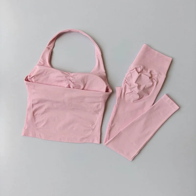 Fitness Set, Long Halter Neck Back-Shaping Leggings, High-Waisted Butt-Lifting Breathable Training Pants for Women