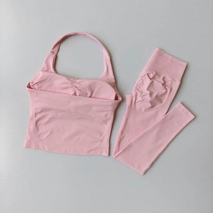Fitness Set, Long Halter Neck Back-Shaping Leggings, High-Waisted Butt-Lifting Breathable Training Pants for Women