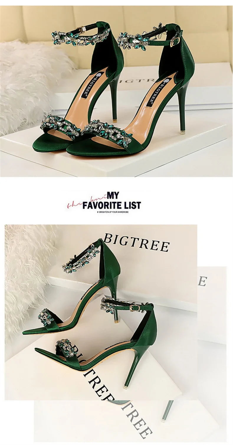 Open Toe Rhinestones Sandals Women 2024 New Designer Luxury High Heels Female Shoes Summer Heeled Satin One Word Belt 368-1